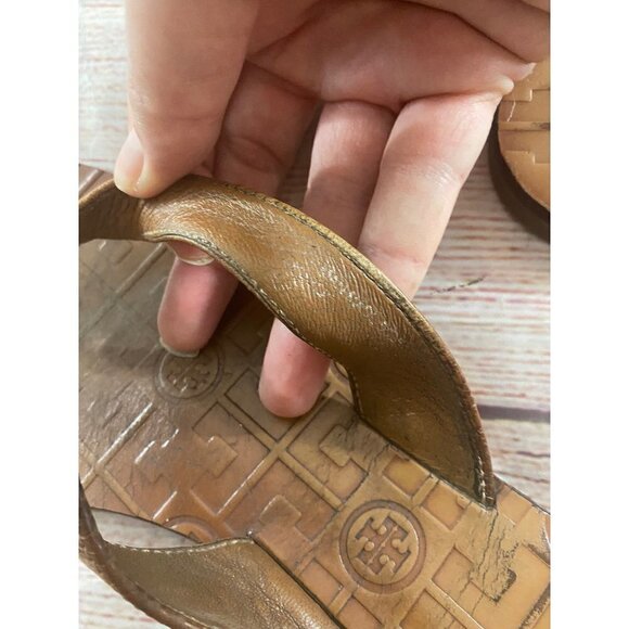 Tory Burch Thora Monogrammed Brown Leather Sandals - 9 - Picture 10 of 11